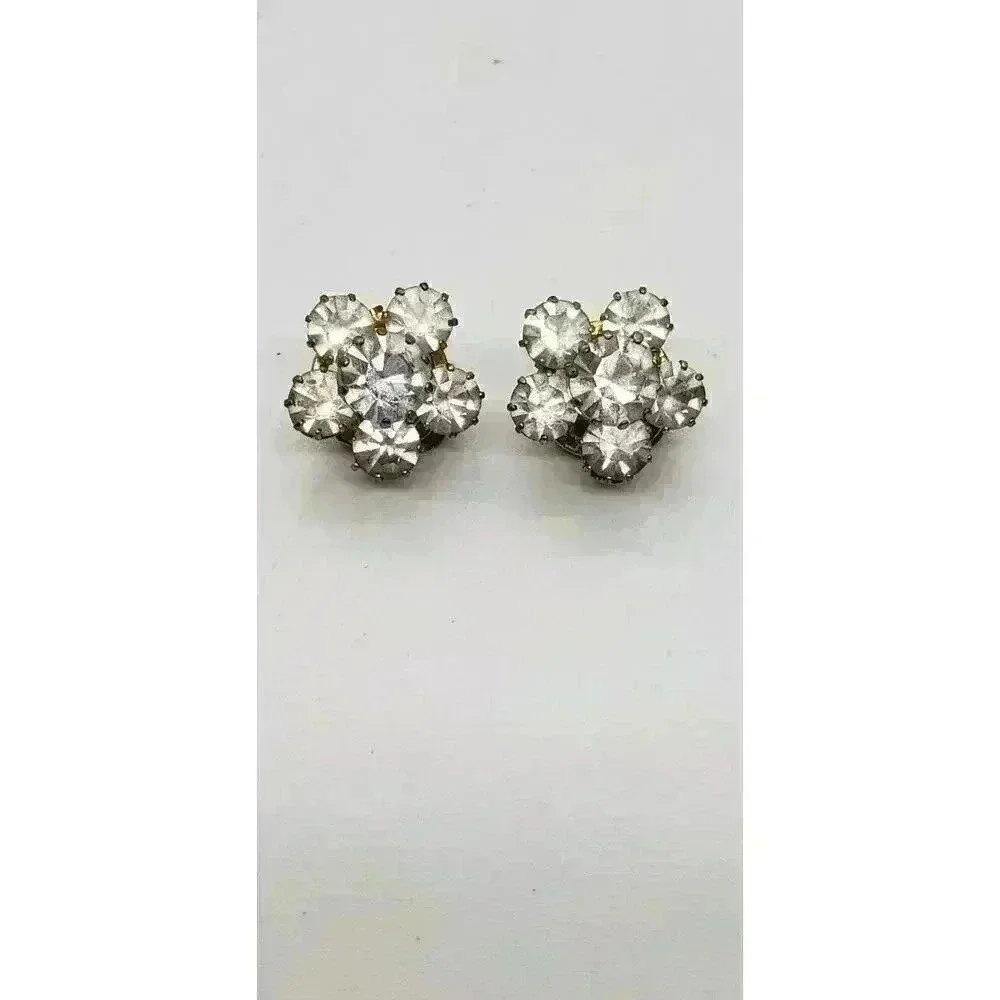 Vintage Earrings Clear Rhinestone Gold Clip Prong Set Austria Statement Bride